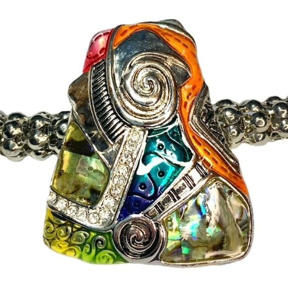 Artist Rainbow Mixed Media Abalone Mosaic Trapezoid Silver Necklace - Picture 3 of 10